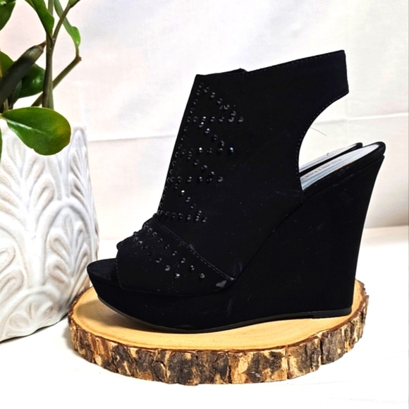 Bella Vita Black Rhinestone Wedge Sandal Size 7.5 – Peep Toe, Side Zip, Platform - Picture 3 of 6